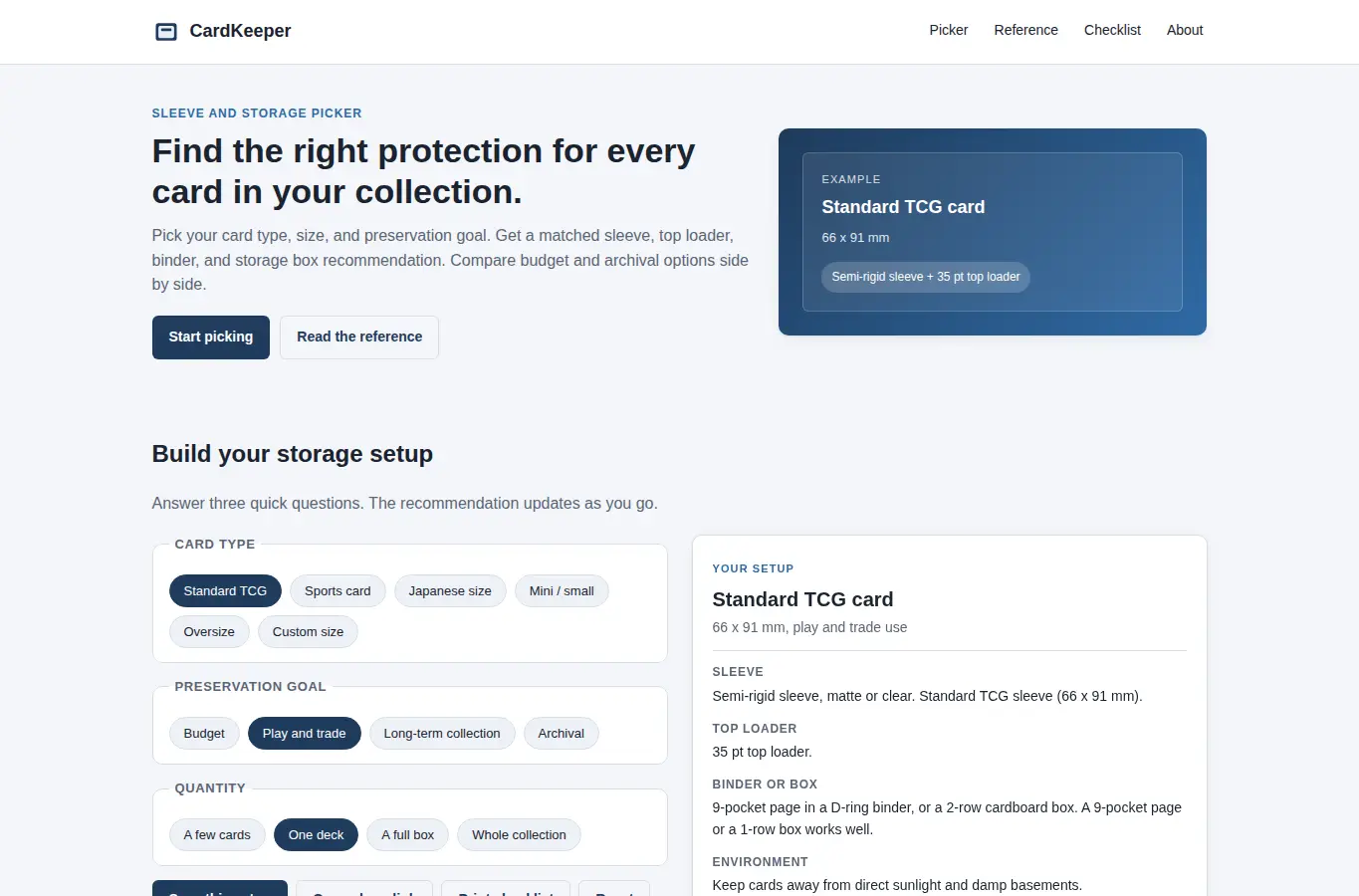Screenshot of CardKeeper Sleeve and Storage Picker interface showing the project page in use